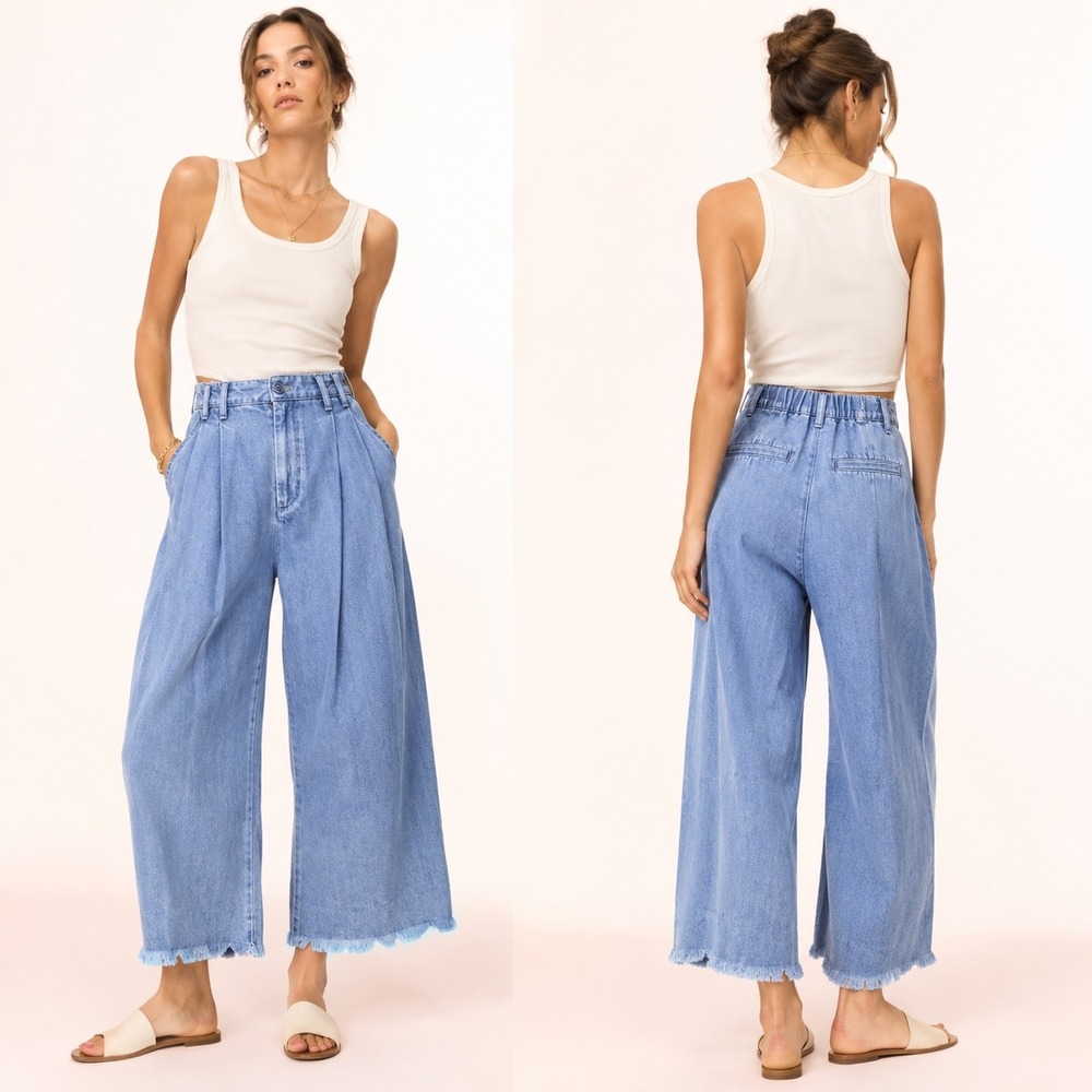 YFB Young Fabulous & Broke Wide Leg Denim Trousers Light Wash Pleated XS